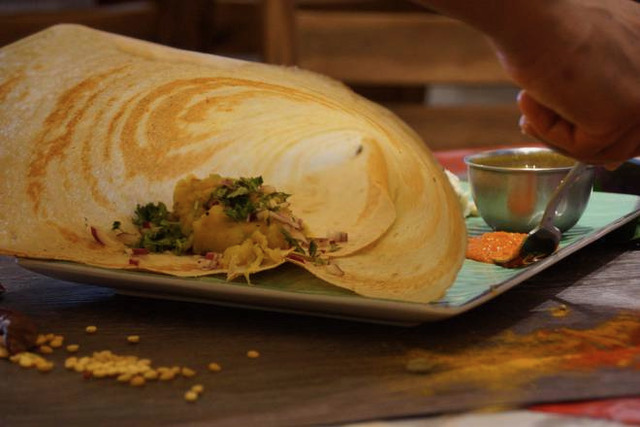 Ghee Roast Masala Dosa with chutney and sambar